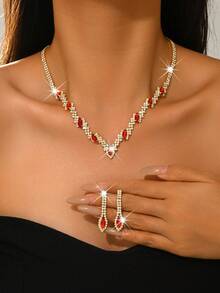 Sparkling Gold Crystal Jewelry Set, Women's V-Neck Necklace & Earrings, Suitable For Bridesmaids, Wedding Guests, Formal Occasions, Ramadan Gifts - 1806 Golden Red-hB - View 1