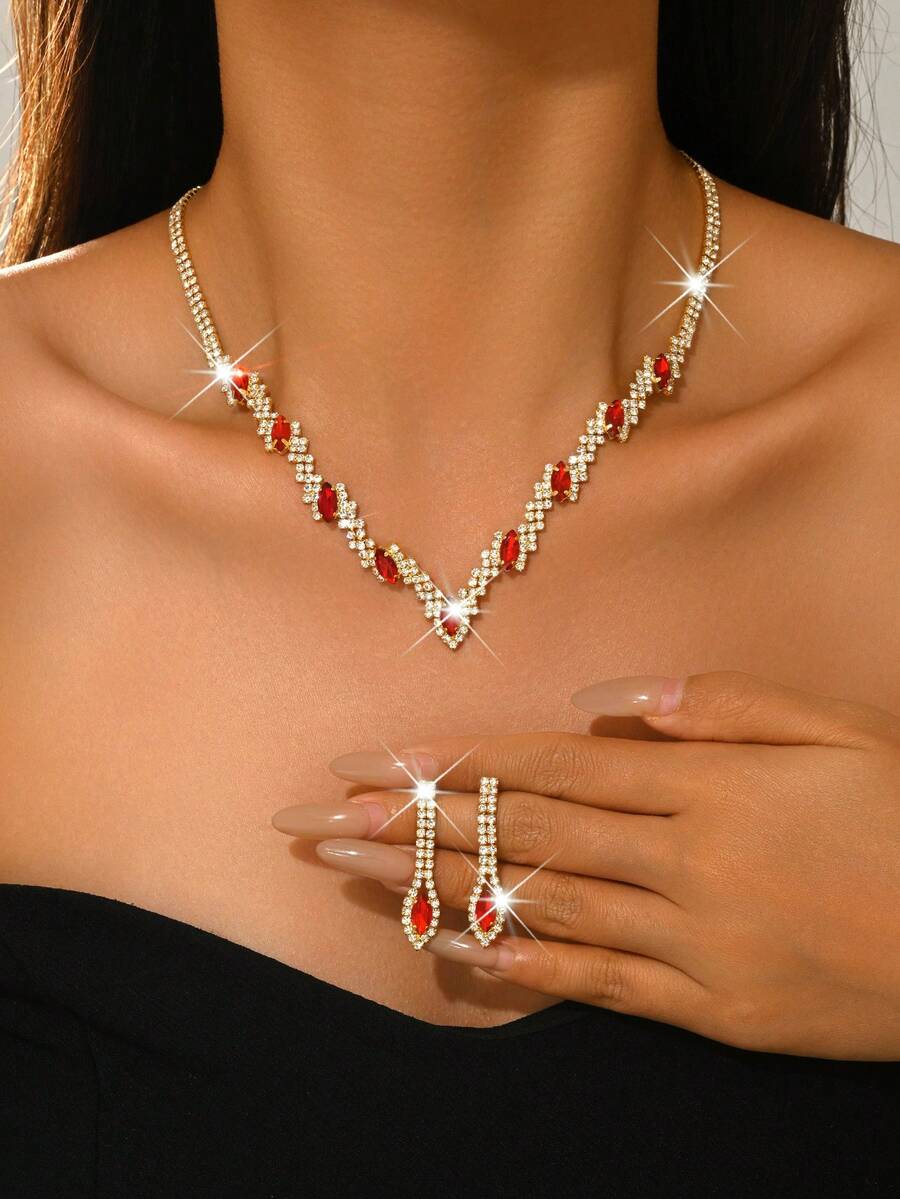 Sparkling Gold Crystal Jewelry Set, Women's V-Neck Necklace & Earrings, Suitable For Bridesmaids, Wedding Guests, Formal Occasions, Ramadan Gifts - 1806 Golden Red-hB - View 1