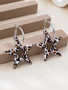 1对心形新款返校派对时尚耳环，金色圆环耳环，饰有3D五角星心形装饰 - 銀色 - 查看 2