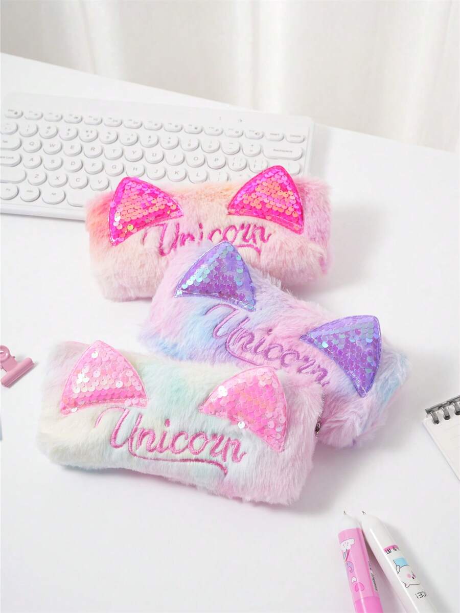 1个时尚扎染猫耳铅笔盒，亮片文具袋，毛绒字母拉链铅笔袋，简约收纳袋 - 粉色 - 查看 1