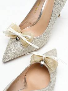 2pcs Fashionable Luxury Multi-Layer Bow Ribbon Heart Detachable Shoe Clips, Suitable For High Heels, Sandals, Wedding, Graduation - Apricot - View 3