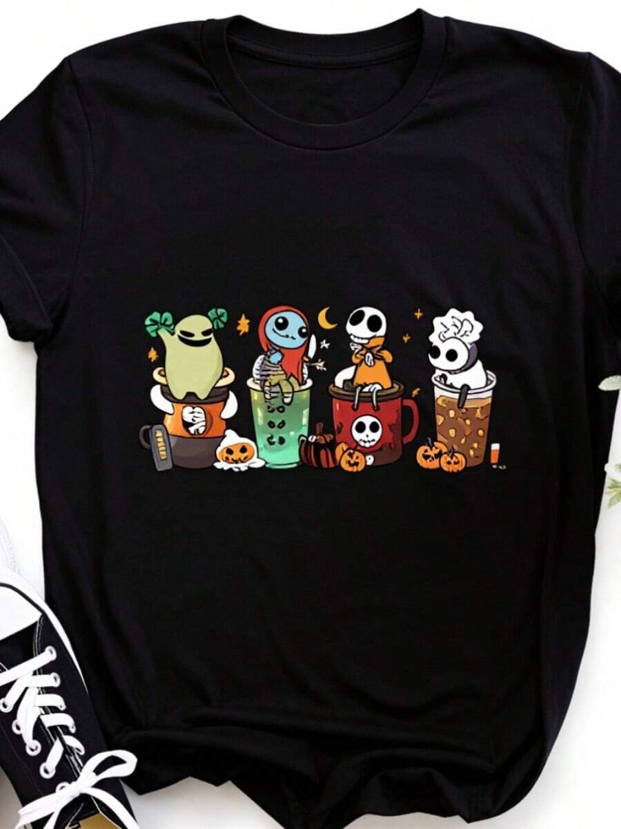 Tops For Women DisneySss Nightmare Before Christmas Jack Sally Printed Women's T-Shirt Korean Casual Short Sleeve Spring Summer Girls Casual Tops - 黑色 - 查看 1