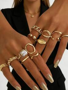 12 piezas Juego de anillos con tono dorado para mujeres - Anillos de declaración con cadena gruesa, asimétricos, geométricos, de perlas falsas, estilo bohemio Y2K retro, apilables, para uso diario y de fiesta - 12 piezas de perla - Ver 1