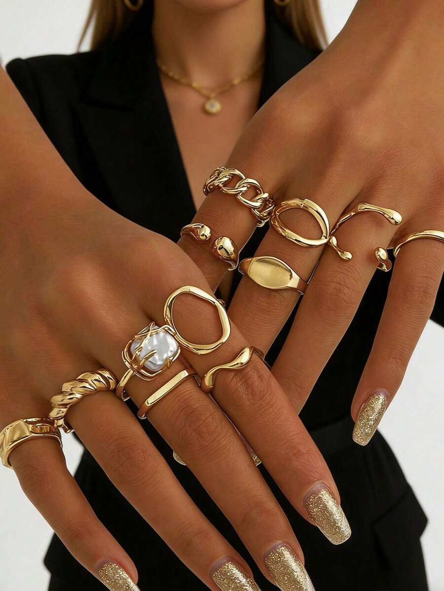 12 piezas Juego de anillos con tono dorado para mujeres - Anillos de declaración con cadena gruesa, asimétricos, geométricos, de perlas falsas, estilo bohemio Y2K retro, apilables, para uso diario y de fiesta - 12 piezas de perla - Ver 1