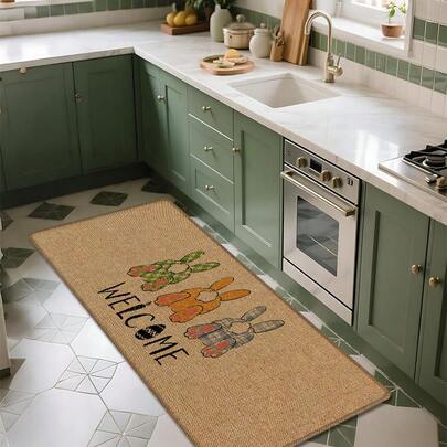 1 pieza Alfombra de lino con estampado de conejo de Pascua, felpudo, alfombra de baño, apta para sala de estar, dormitorio, pasillo, baño, lavandería - Alfombra de poliéster para decoración del hogar interior y exterior