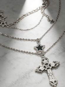 3pcs/Set Vintage Gothic Style Statement Star Charm Chunky Chain Necklace Set For Women, Punk Style - Silver - View 5