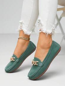 Women's Round Toe Slip-On Flat Comfortable Driving Loafers, Spring/Autumn New Casual Versatile Lightweight Chain Low-Top Loafers - Green - View 4