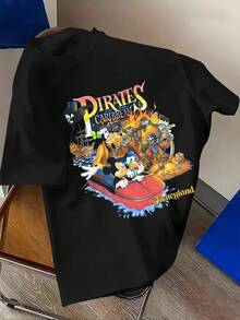 Disney Men's Casual T-Shirt, Featuring Classic Disney Character Patterns Such As Mickey Mouse, Donald Duck, And Goofy, Creates A Joyful And Adventurous Park Atmosphere, Suitable For Disney Outings, Street Gatherings, And Other Scenes - Black - View 1