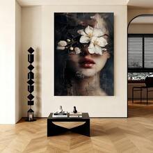 Cuadro 2D plano JIT1pc, arte en lienzo 2D plano, con una mujer rodeada de diseños florales en un estilo surrealista texturizado, viene enmarcado y listo para colgar, perfecto para decorar salas de estar, dormitorios, oficinas y hogares - Enmarcado - Ver 5