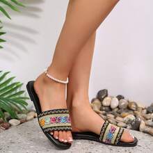 女士黑色绑带拖鞋，舒适家居拖鞋，适合夏季居家穿着，新款金色女士拖鞋，女士平底凉鞋，舒适拖鞋，时尚简约设计 - 黑色 - 查看 13