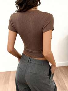 Women's Versatile Short Sleeve Knit Top, Ribbed Design, Stretchy Fabric, Regular Length - Khaki - View 4