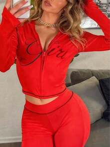 Women's Casual Street Style Outfit, Printed "Girl" Graphic Zip-Up Hoodie And Pants Set, Long Sleeve Sports 2-Piece Suit, Suitable For Party And Gathering Wear, Autumn - 紅色 - 查看 9