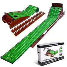 Golf Putting Mat with Ball Return - Putting Green Indoor Featuring 9ft Non-Slip Velvet Surface for Indoor and Outdoor - Smooth Skip-Free Walnut Ball Return System - Golf Practice Mat for Backyard - Verde - Ver 2