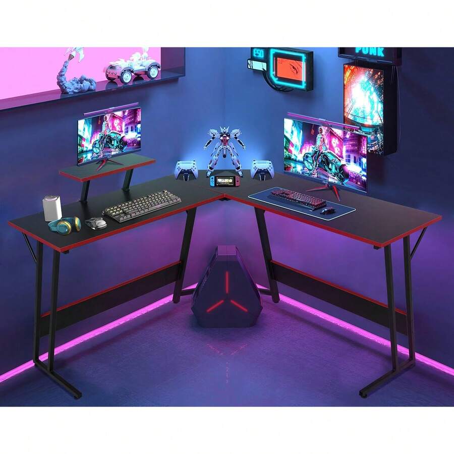Gaming Desk L Shaped Desk, 50.4" Large Computer Desk With Shelves & Carbon Fiber Desktop, Wood Computer Table Writing Work PC Desk For Bedroom Office Dorm Small Space, Black - 黑色 - 查看 1