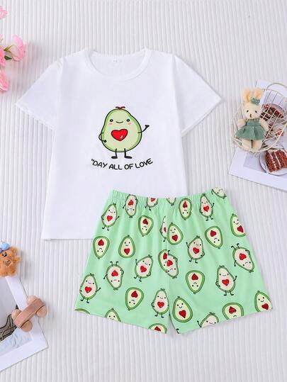 2pcs Kids Cute Avocado English Print Pajamas, Girls Short Sleeve Shorts Round Neck Pullover Sleepwear, Adorable Homewear Top, Suitable For All Seasons, Party & Casual Wear