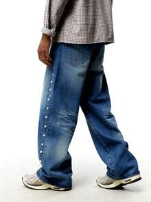 Men's Light Blue Washed Straight-Leg Jeans, Retro Y2K Style Minimalist Versatile, Suitable For All Seasons - Blue - View 2