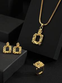 3pcs/Set Women Minimalist Gold Geometric Necklace, Earrings And Ring Jewelry Set, Suitable For Daily Wear And Holiday Gifts - Gold - View 3