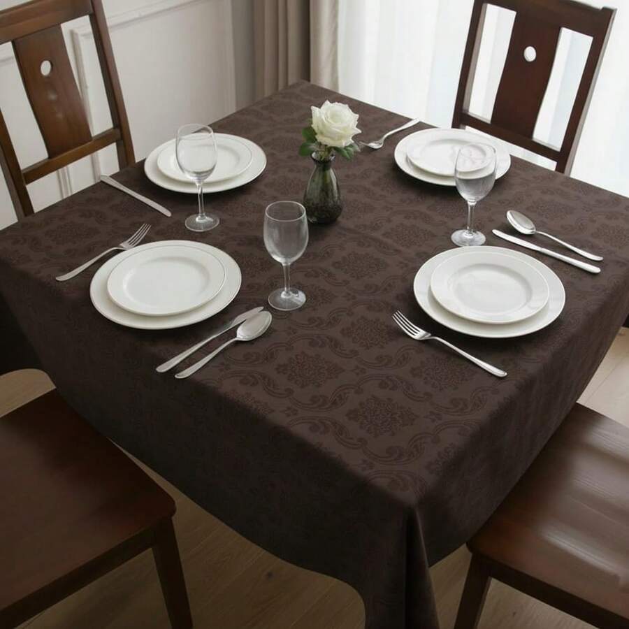 Jacquard Tablecloth For 4, 6, Or 8 People. - Rust Brown - View 1