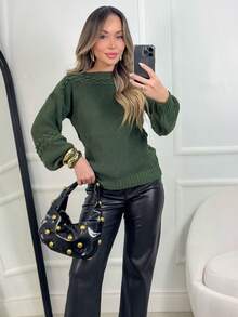 Women's Knit Blouse With Inverted Braid, Long Puff Sleeves, Ribbed Cuffs, Fashion Knitwear For Winter - Verde Olive - View 3