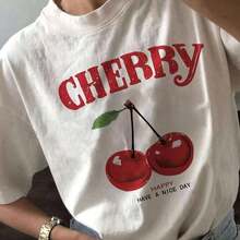 Vibrant Cherry Print Crew Neck T-Shirt For Women - Comfortable Short Sleeve Casual Top For Summer & Spring - Breathable, Soft, And Relaxed Fit Women's Clothing Casual Digital Print 220g Pure  Heavy 100_ Cotton T Shirt - 粉色 - 查看 6