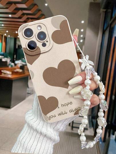 1pc Perforated Edged Heart Painted Thick Anti-Drop Painted Phone Case With Beaded Bracelet Accessory, Compatible With IPhone 17pro/17Air /17/17promax16/11, Galaxy A07/S26PLUS, 11/12Pro/12/12X/13Pro, Redmi 10/9/Note9/12c/Note11pro/Note8Pro