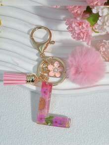 1pc Dried Flower Letter Keychain Resin Pendant Daisy Flower Keyring, Pink Gift With Pom Pom Tassel Charm - Pink - View 10