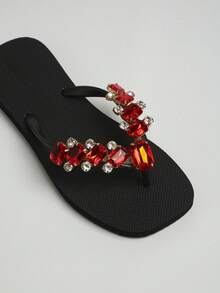 1 Pair Shiny Rhinestone Black Square Toe Fashion Flip Flops, Non-Slip Beach Sandals For Women - Multicolor - View 5