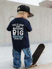 Young Boy Casual Graphic Print Crew Neck Short Sleeve T-Shirt, Summer Top - Navy Blue - View 3