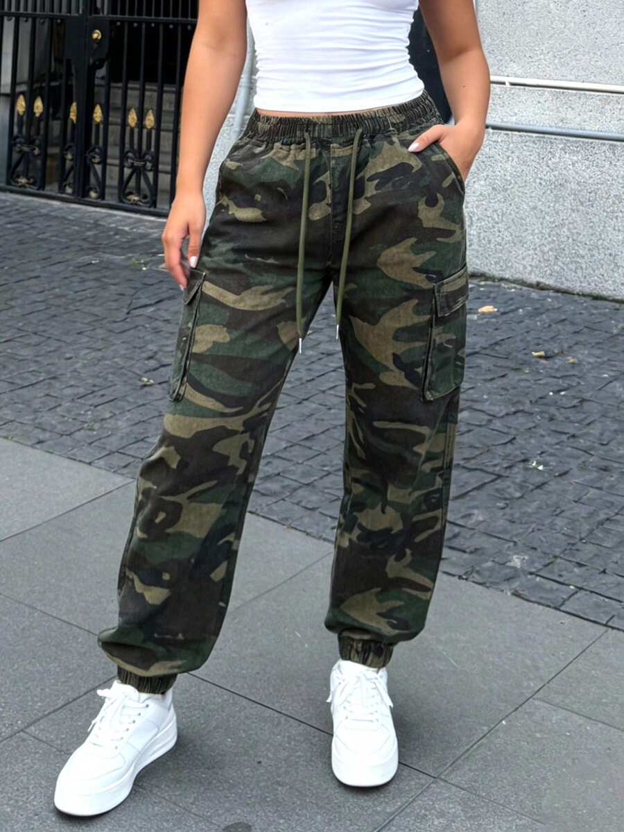 Women's Camouflage Drawstring Cargo Jogger Pants - Loose, Slim-Fitting, Multi-Pocket Casual Trousers, Versatile Daily Street-Style Pants - 迷彩 - 查看 1