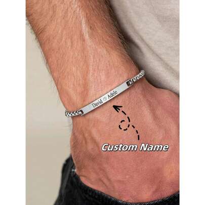 Personalized Engraved Curved Stainless Steel Men's Bracelet, 19+5cm Personalized Name Bracelet, Gift For Boyfriend, Personalized Name Bracelet For Couples, Laser Engraved Unisex Name Bracelet, Curved Bracelet With Faux Pearl Chain, Personalized Name Gift For Father's Day, Father Bracelet, Jewelry & Watches, Seasonal Selection, Elegant Outfit