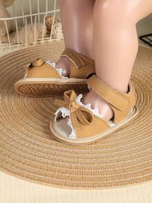 1 Pair Girls' Bow Hook And Loop Design Flat Casual Versatile Princess Style Fashion Sandals, Suitable For Summer - Apricot - View 3