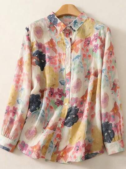 Women's All-Over Floral Print Long Sleeve Shirt With Shirt Collar & Button Front – Romantic Vacation Top For Spring, Summer, Fall, Winter
