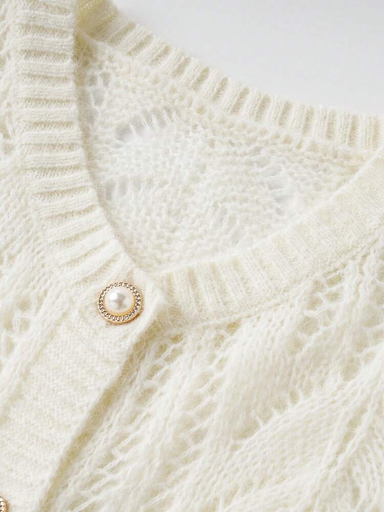 Women's Elegant Winter Sweater Jacket - Semi-Sheer Round Neck Button Front Closure, Beige/Brown/Gray/Black, Hand Washable Warm Autumn & Winter, Casual & Formal Wear, Medium Stretch Geometric Lace Blouse, Fashionable Layering Piece Casual & Formal Cute Sweater, High-Quality Women's Winter Knitted Cardigan, Long Coat, Women's Winter Jacket, Sweatshirt Spring - Apricot - View 7