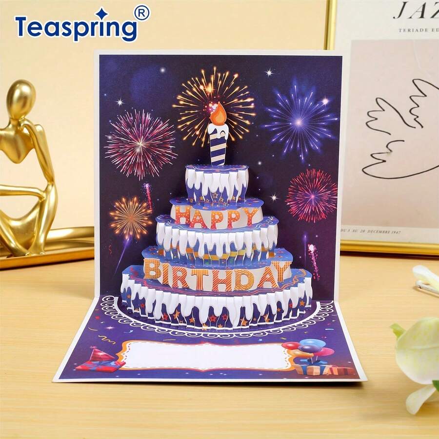 3D立体生日贺卡 - 蓝色蛋糕、蜡烛和烟花设计，男女皆宜 | 适合所有年龄段和场合 - 單件 - 查看 1