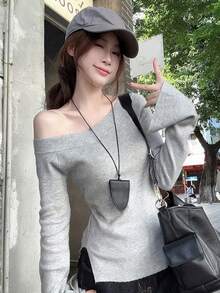 修身不对称肩部长袖针织上衣，性感斜领毛衣，女士春季款 - 灰色 - 查看 5