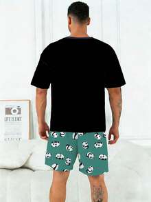 Conjunto de pijama para hombre talla grande | Parte superior de manga corta y cuello redondo y pantalones cortos casuales con cintura elástica, conjunto de 2 piezas | Tela de punto de poliéster, transpirable y cómoda | Diseño casual con estampado de osito de peluche "Déjame dormir" - Negro - Ver 5