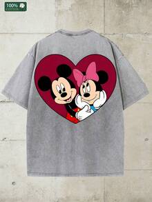 Disney-Disney Mickey And Minnie Pure Cotton Short Sleeved T-Shirt For Men's Summer Vintage Washed Loose Oversized Top With Love Print Casual Half Sleeved Couple Parent-Child Outfit - Màu Xám nhạt - Xem 4