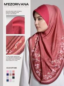 1pc Floral Print Bohemian Polyester Chiffon Hijab With Rhinestone Embellished Brim, All Season - One-piece Diamond-encrusted Hat With Brim - View 8