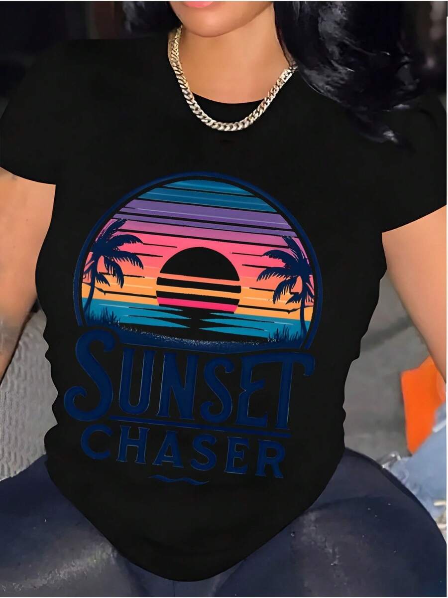 Camiseta Sunset Chaser Mujer Diseño Atardecer Tropical Palmera Playera Negra Moderna Casual Atemporal Cómoda Ideal Regalo Moda Verano México - Negro - Ver 1