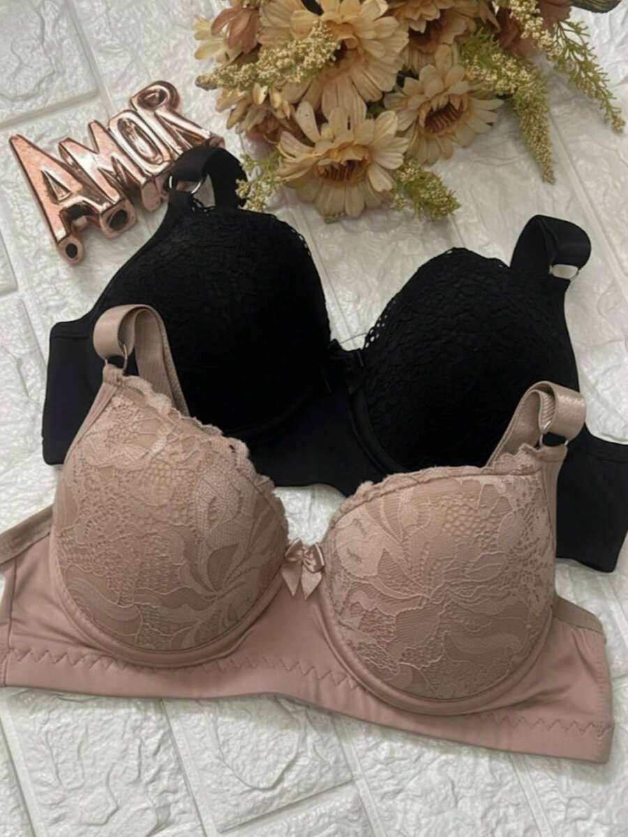 Set Of 2 Lace Bras With Padded Cups, Adjustable Straps, Reinforced Underwire, Polyamide Bras For Comfort And Support - 黑色和米色 - 查看 1