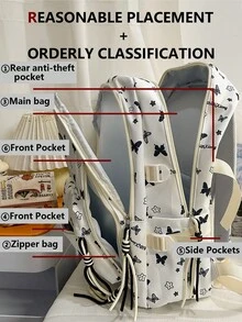 Mochila de nailon con estampado de mariposa y múltiples compartimentos, cabe portátil de 15.6 pulgadas, mochila ligera y multiusos para estudiantes, negocios, viajes y uso diario - Negro - Ver 3
