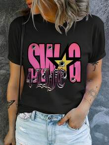Summer Outfits, SWAG 4 LIFE Graphic Tee, Casual T-Shirt For Women, Y2K, Streetwear, Concert Outfit - màu đen - Xem 6