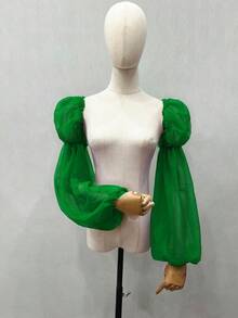 1件黑色网纱双层花瓣袖臂套，弹性长袖口，新娘款 - 彩色 - 查看 32