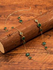 1pc Elegant Elongated Gemstone Necklace, Bohemian Luxury Women's Sweater Chain, Versatile For Daily Wear, Party, Wedding Gift - Green - View 2