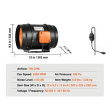 Inline Duct Fan, 8-Inch 750 CFM With Variable Speed Controller, Quiet AC-Motor Ventilation Exhaust Fan For Cooling Booster, Grow Tents, Hydroponics - 黑色 - 查看 7