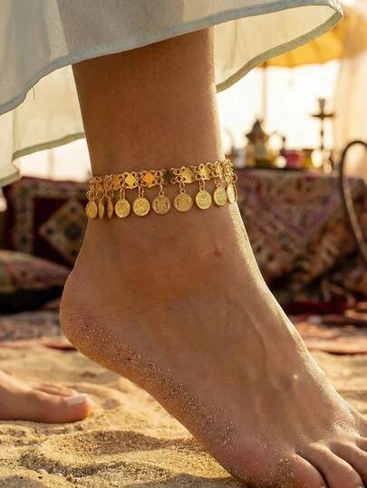 1 stuk enkelbandje met gouden muntkwastje in Arabische stijl, elegant voetsieraad voor vrouwen om te dragen op een strandfeest.