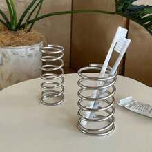 1pc Stainless Steel Toothbrush Holder, Pen Holder, Fashionable Spiral Desktop Decor, High-End Decorative Ornament - Cylindrical - View 1