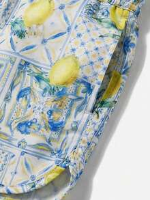 男士抽绳腰带全印花休闲沙滩短裤，春夏款 - 黃色 - 查看 4