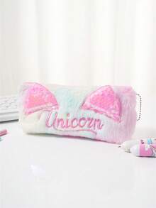 1个时尚扎染猫耳铅笔盒，亮片文具袋，毛绒字母拉链铅笔袋，简约收纳袋 - 粉色 - 查看 3