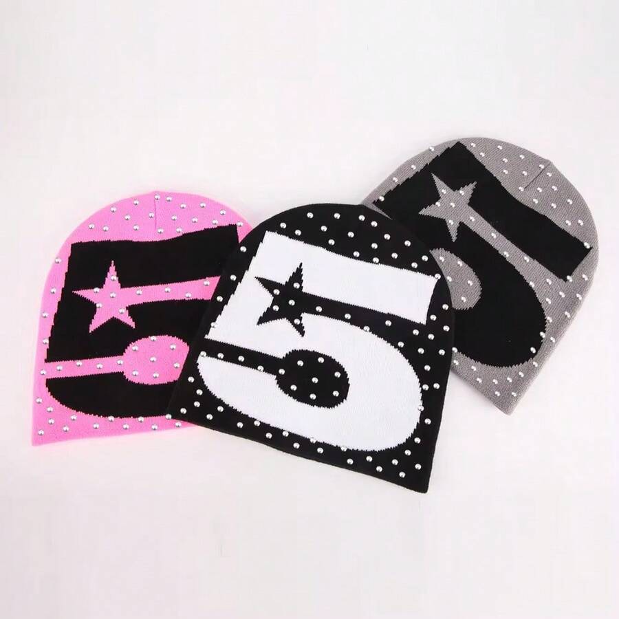 1pc Star Pattern Party Acrylic Rhinestone Letter Diamond Casual Bestselling Knit Hat - Multicolor - View 1